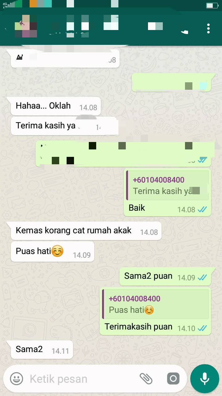 Testimoni pelanggan WhatsApp - Kemas, puas hati dengan kerja cat rumah