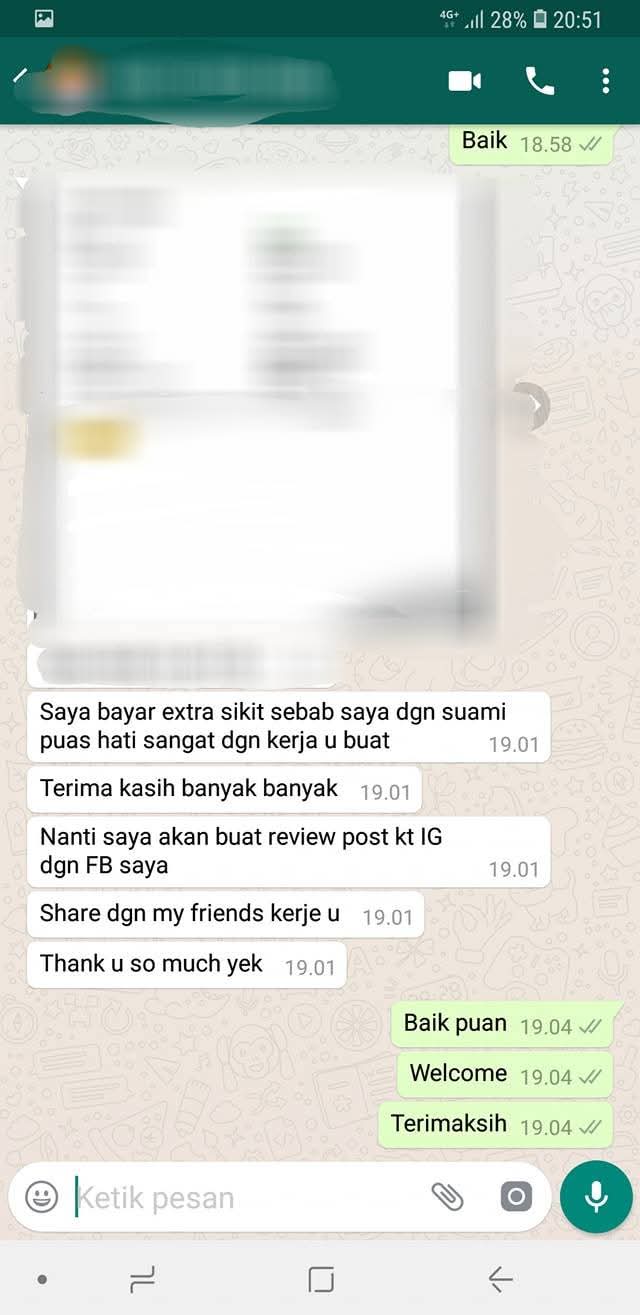 Testimoni pelanggan WhatsApp - Puas hati sangat, bayar extra dan akan share dengan kawan-kawan